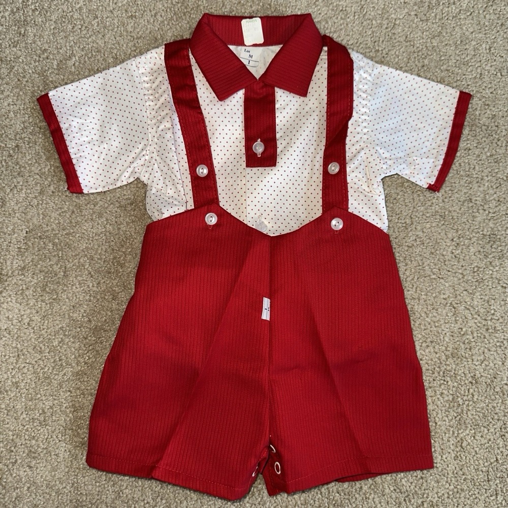Boys Christmas 1T Short Set 12 Months NOS JCPenney Red & White Shorts Suspenders